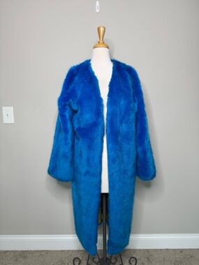 Free People Blue Faux Fur Long Coat - Women's Luxe Outerwear Size Medium Bold